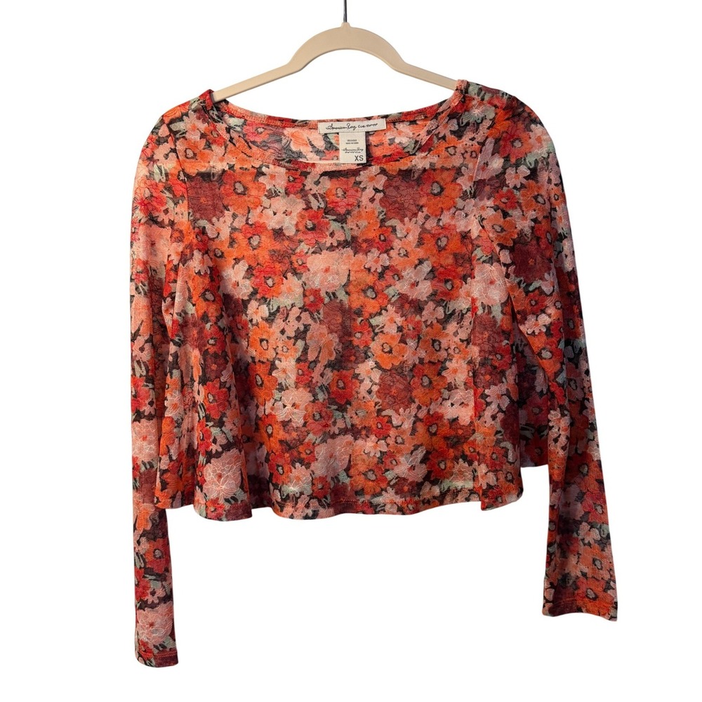 American Rag Crop Top Orange Floral Mesh Sheer Long Sleeve Boho Blouse Womens XS